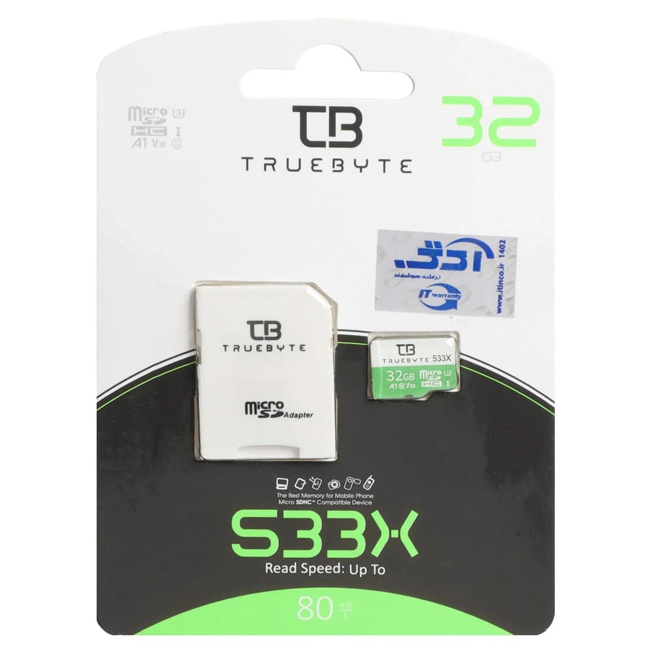 Truebyte microSDHC & adapter UHS-I U3-(80MB/S-533X) – 32GB (گارانتی مادام العمر شرکت آی تین)