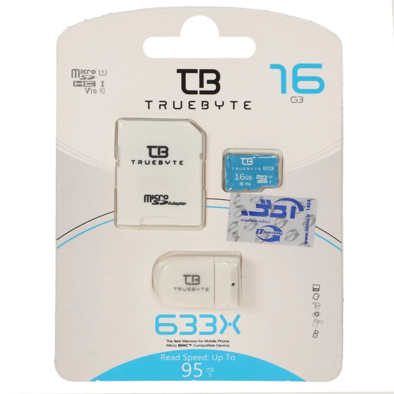 (گارانتی مادام العمر شرکت آی تین) سفید TRUEBYTE microSDXC & adapter U1 Class 10 633X -95MB/s – 16GB