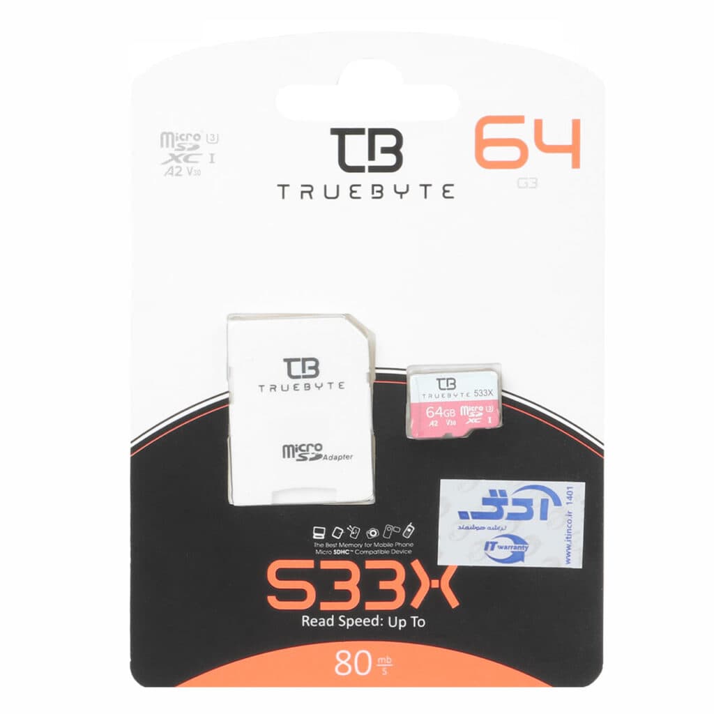 TRUEBYTE microSDXC & adapter A2 V30 U3-(80MB/S-533X)-64GB (گارانتی مادام العمر شرکت آی تین) — تصویر ۳