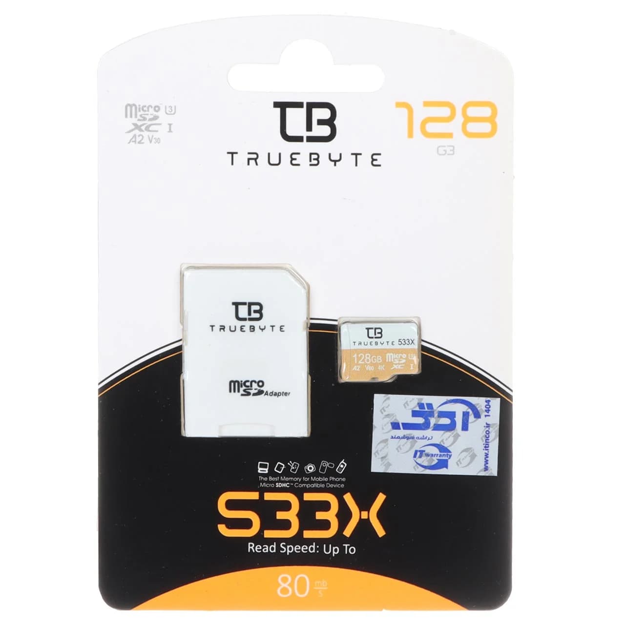 TRUEBYTE microSDHC & adapter UHS-I U3-(80MB/S-533X) – 128GB (گارانتی مادام العمر شرکت آی تین)