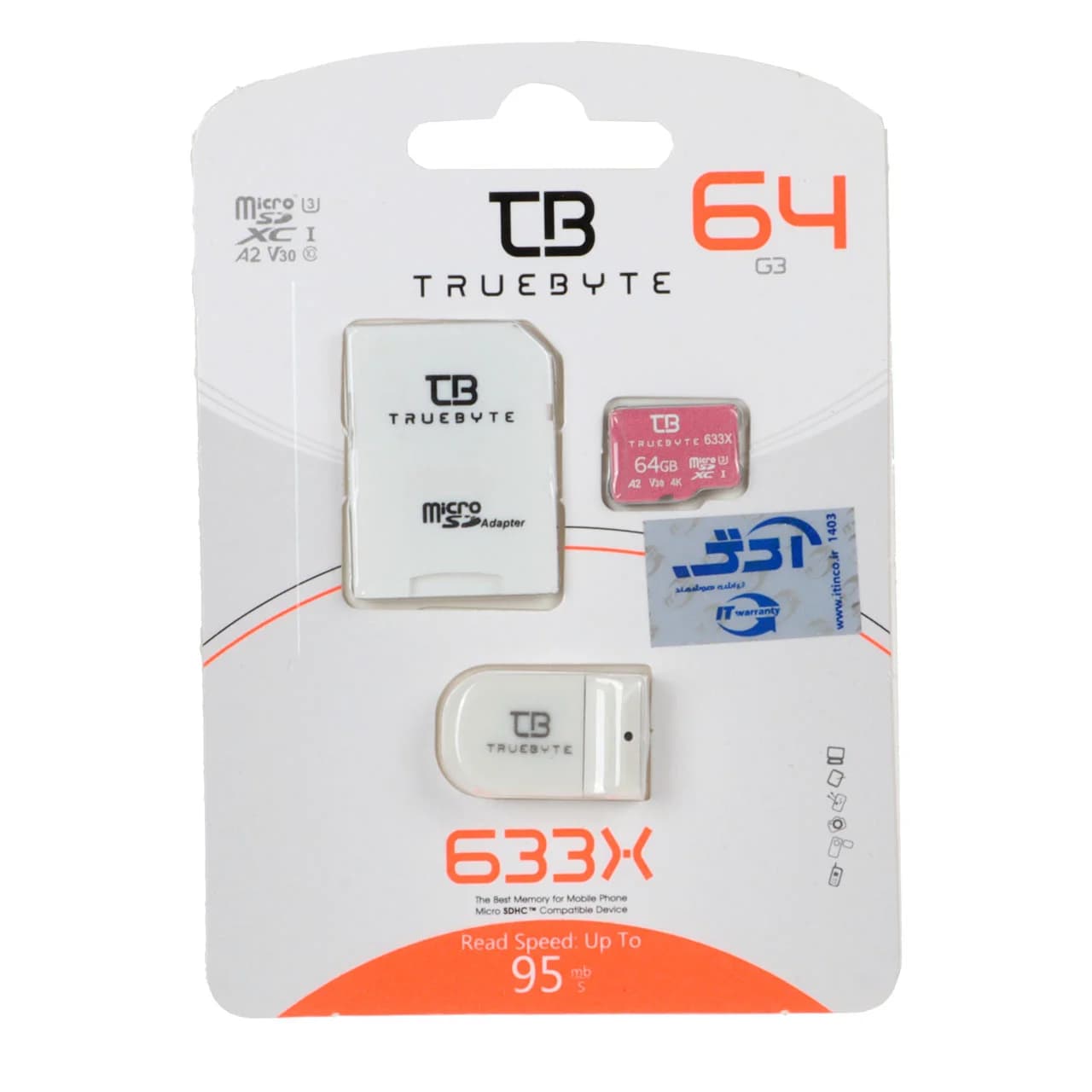 سفید (گارانتی مادام‌العمر شرکت آی تین) TRUEBYTE microSDXC & adapter U3 Class 10 633X -95MB/s – 64GB