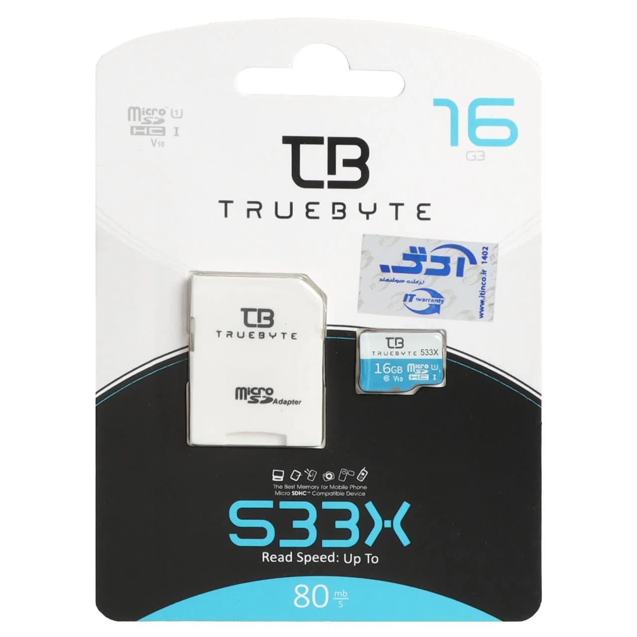 Truebyte microSDHC & adapter UHS-I U1-(80MB/S-533X) – 16GB (گارانتی مادام العمر شرکت آی تین)