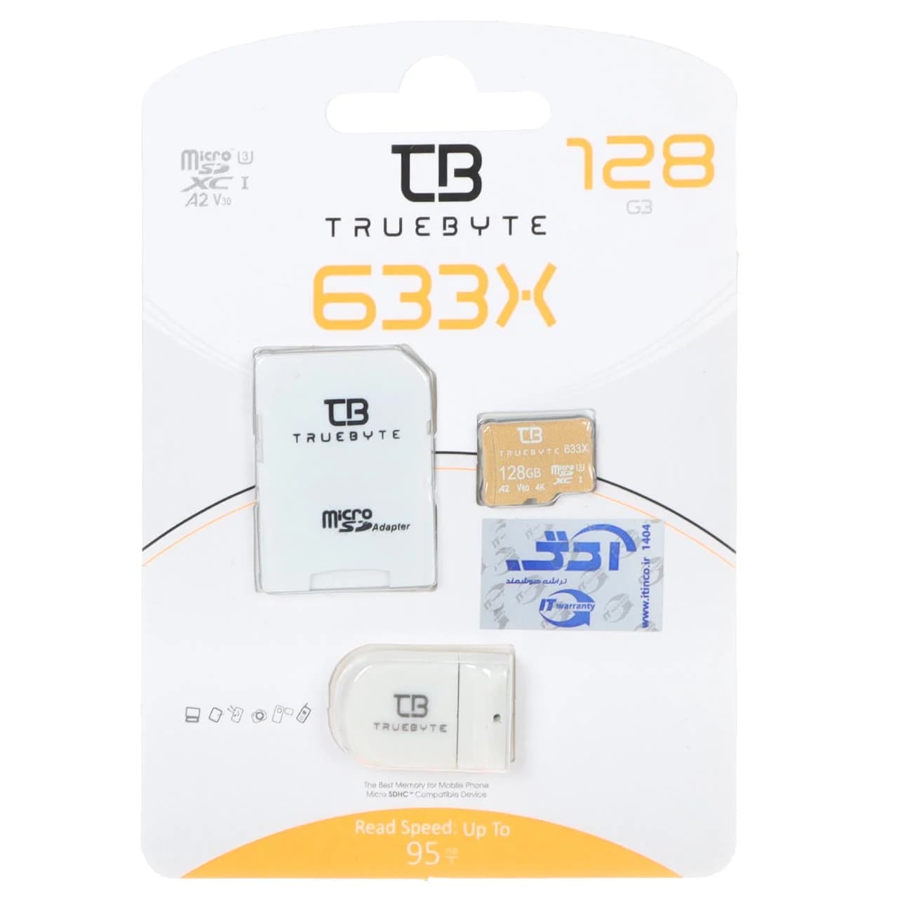 سفید (گارانتی مادام‌العمر شرکت آی تین) TRUEBYTE microSDXC & adapter U3 Class 10 633X -95MB/s – 128GB