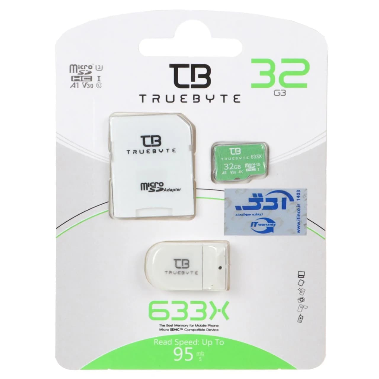 سفید (گارانتی مادام‌العمر شرکت آی تین) TRUEBYTE microSDXC & adapter U3 Class 10 633X -95MB/s – 32GB