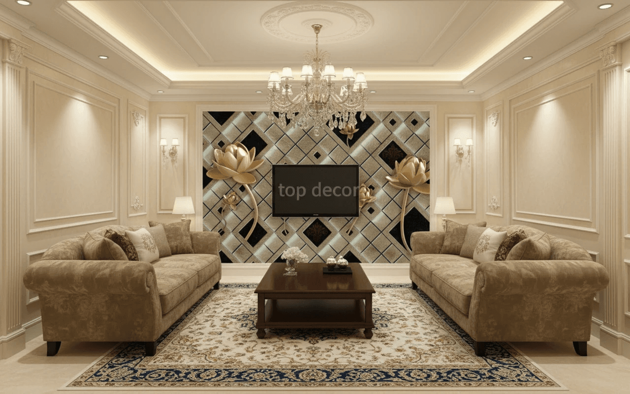 پوستر دیواری سه‌بعدی نیلوفر طلایی با طرح هندسی لوکس — تصویر ۲