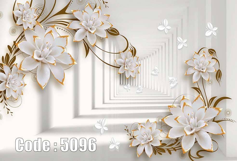 پوستر دیواری سه‌بعدی گل‌های سفید طلایی با پرسپکتیو بی‌نهایت