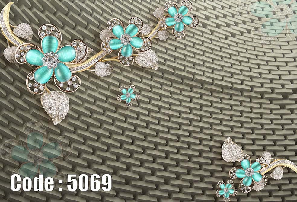 پوستر دیواری سهبعدی گل فیروزهای نگیندار با زمینه حصیری لوکس