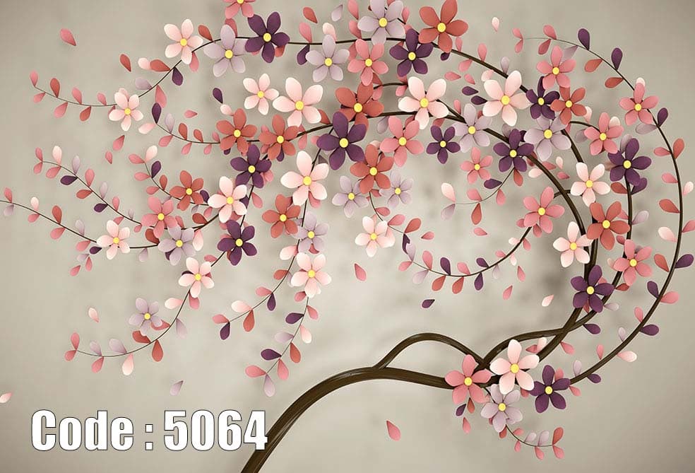 پوستر دیواری سه‌بعدی شاخه شکوفه‌های رنگی با طراحی هنری