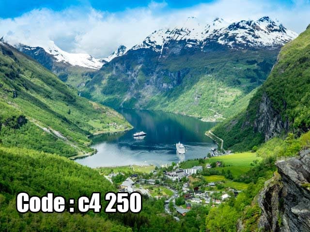 پوستر دیواری سه‌بعدی منظره فیورد کوهستانی با دریاچه آبی