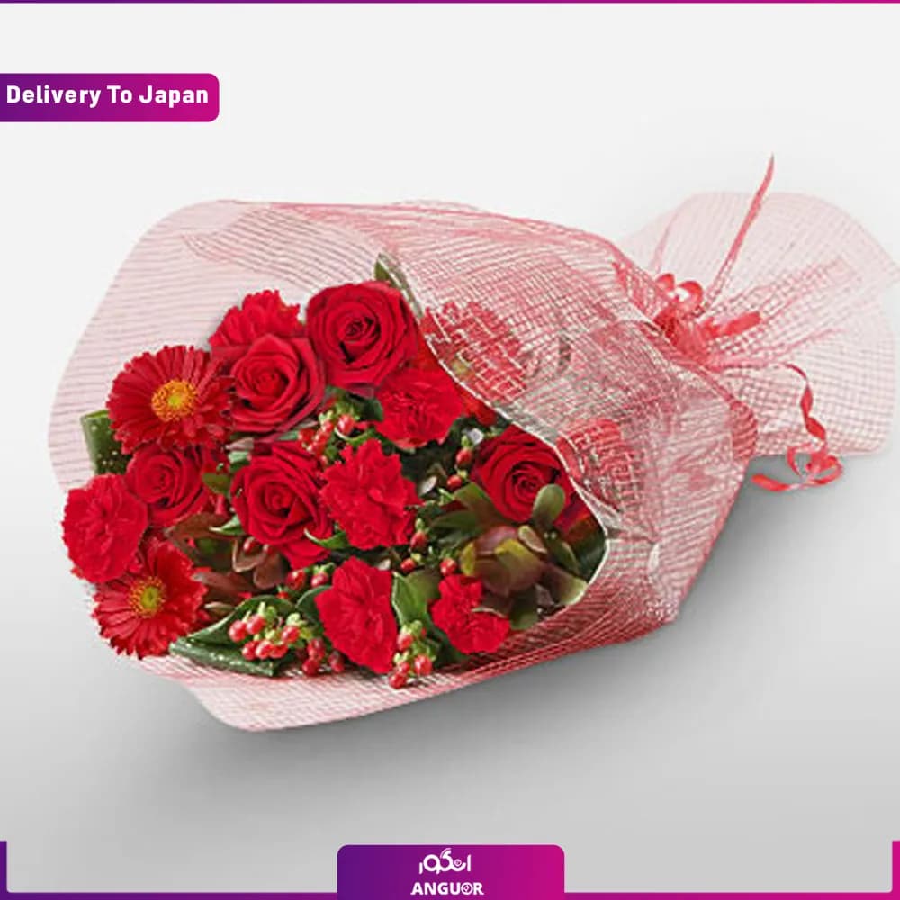 دسته گل رز و ژربرا با تم قرمز (ارسال به ژاپن)