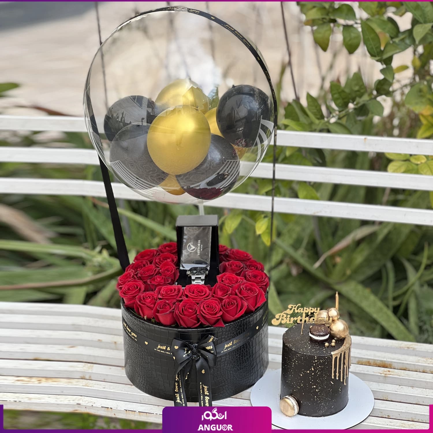 باکس هدیه تولد مردانه (گل و کیک)