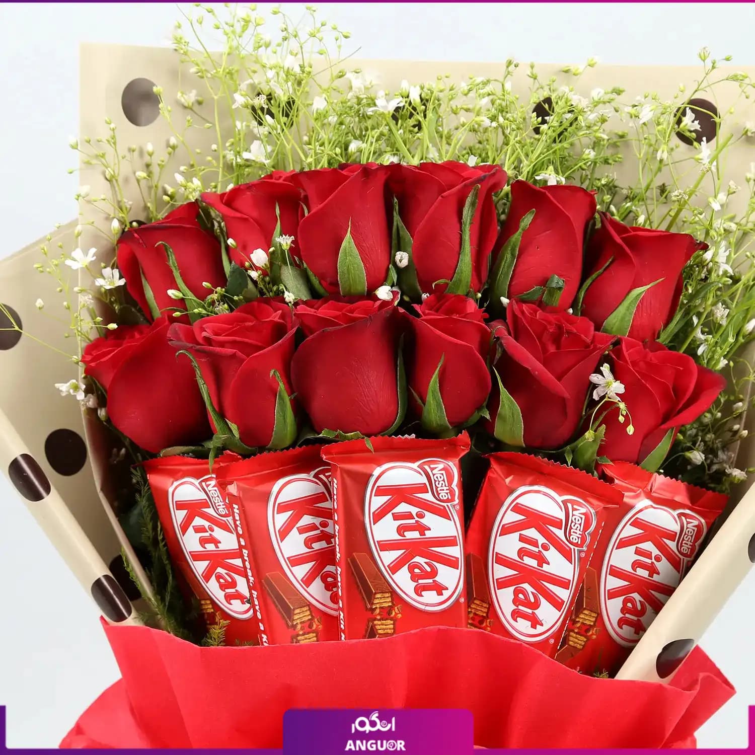 دسته گل رز قرمز با شکلات کیت کت | Kit Kat Chocolate — تصویر ۳