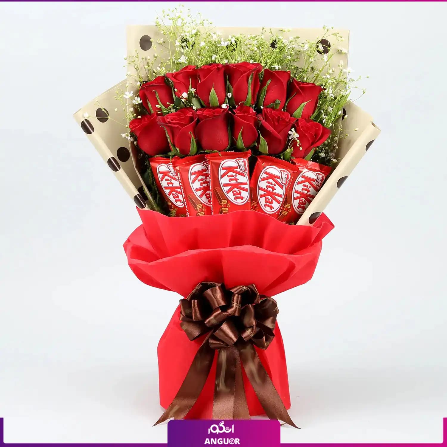 دسته گل رز قرمز با شکلات کیت کت | Kit Kat Chocolate — تصویر ۲