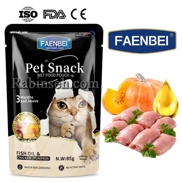 پوچ فنبی گربه طعم خرگوش ، مرغ ، پوره کدوتنبل و روغن ماهی در ژله 85 گرم