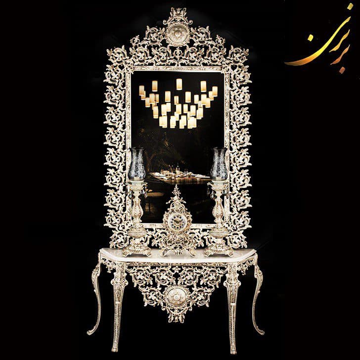 آینه کنسول تمام قد با ساعت و شمعدان آلومینیومی سفید کد ۷۲