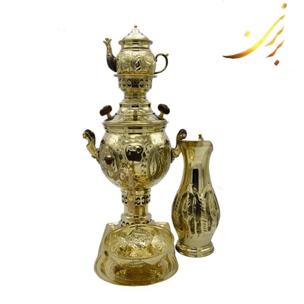 سماور برنجی شش لیتری قلم کاری همراه با سرویس