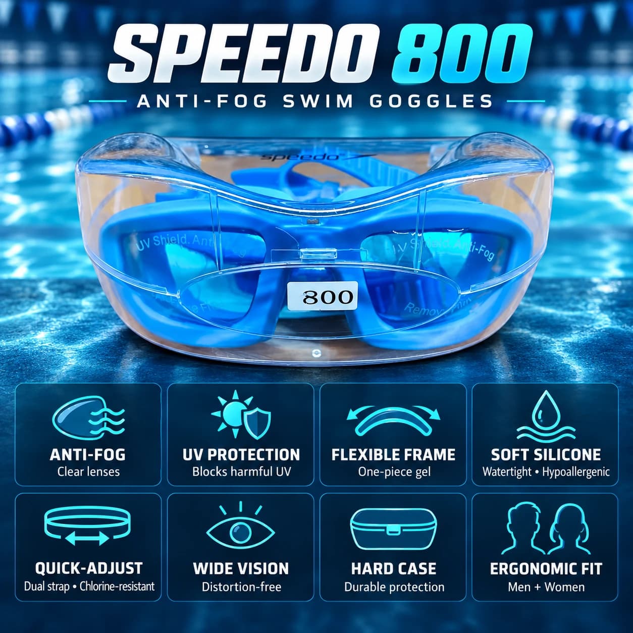 عینک شنا اسپیدو Speedo مدل800 ضد بخار — تصویر ۸