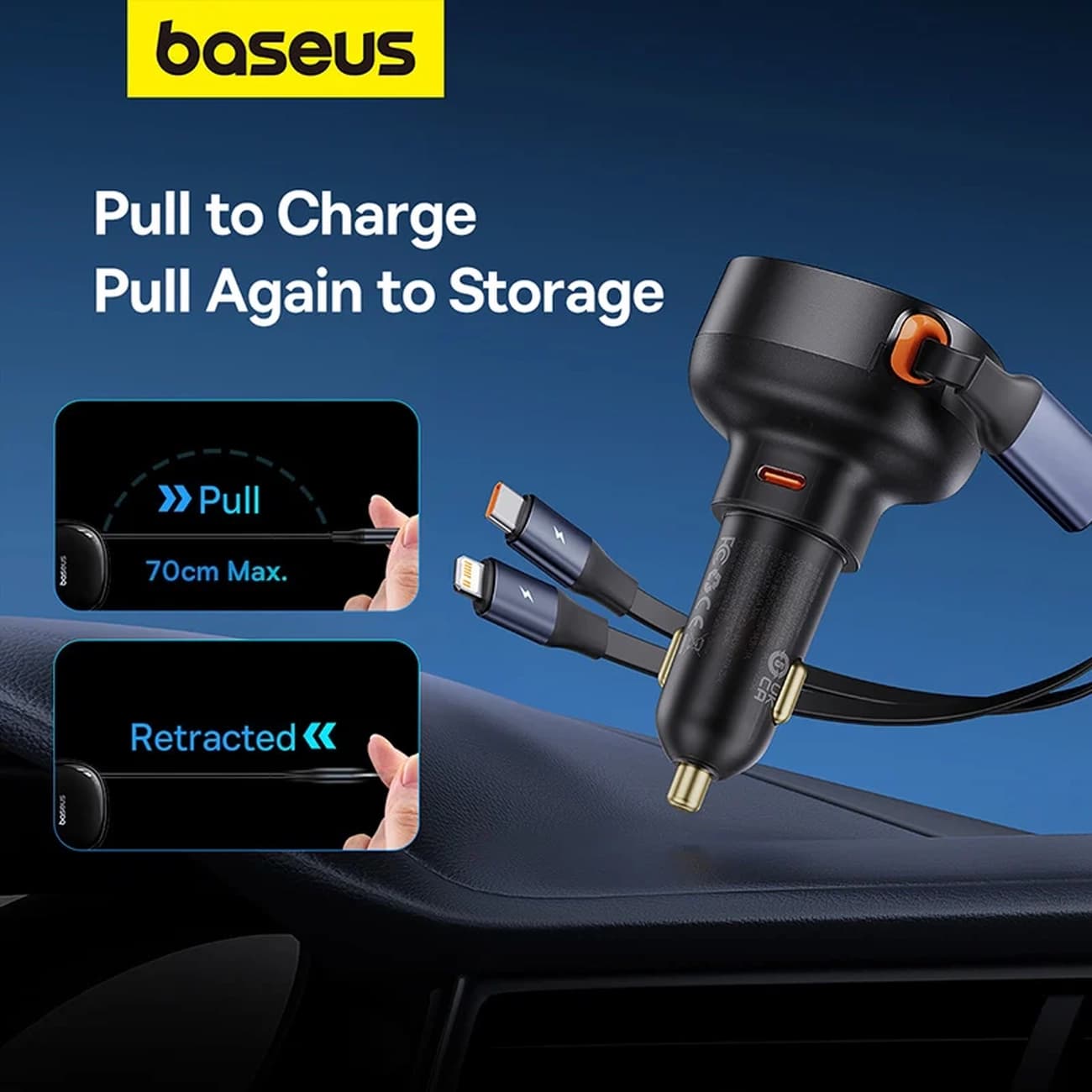 شارژر فندکی 60 وات باسئوس Baseus مدل CCTXP-CCL با کابل جمع شونده — تصویر ۲