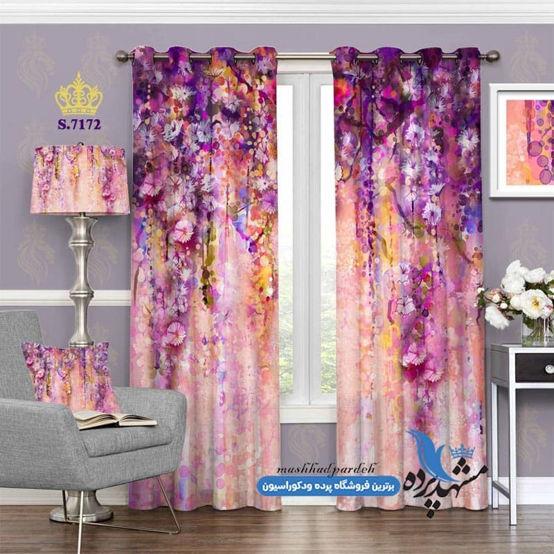 پرده پانچ گلدار طرح نقاشی آبرنگی گلها کد S7172
