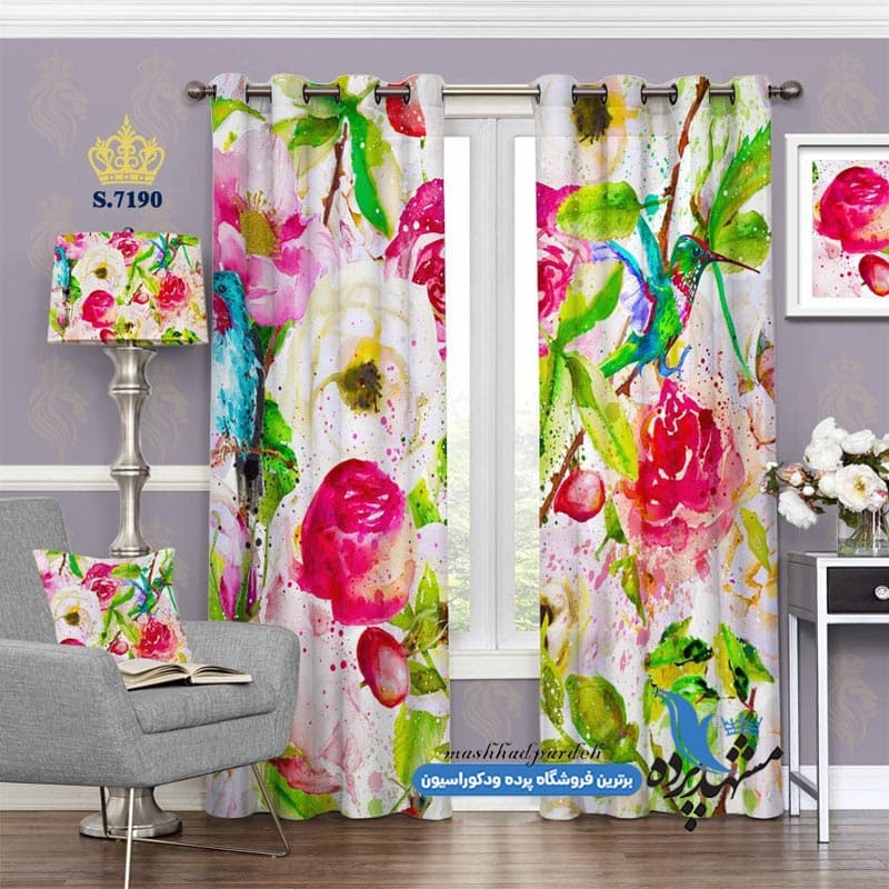 پرده پانچ گلدار طرح نقاشی آبرنگی گل و مرغ مگس خوار کد S7190
