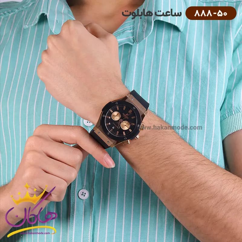 ساعت هابلوت مردانه بند رابر مشکی کرنوگراف اندکس رزگلد 888/50 — تصویر ۴