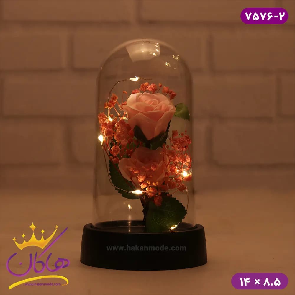 حباب شیشه ای چراغ دار گل صورتی 7576/2 — تصویر ۲