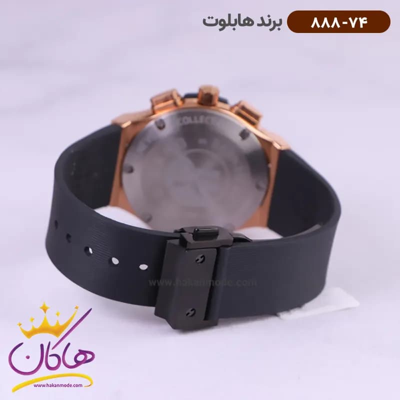 ساعت هابلوت زنانه بند رابر کرنوگراف صفحه اسکلتون اندکس رزگلد 888/74 — تصویر ۴