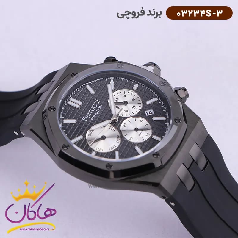 ساعت فروچی مردانه بند رابر مشکی قاب مشکی 03234s/3 — تصویر ۲