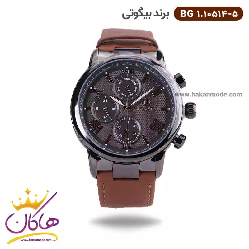 ساعت بیگوتی مردانه بند چرمی قهوه ای فول تایم کد BG.1.10514-5