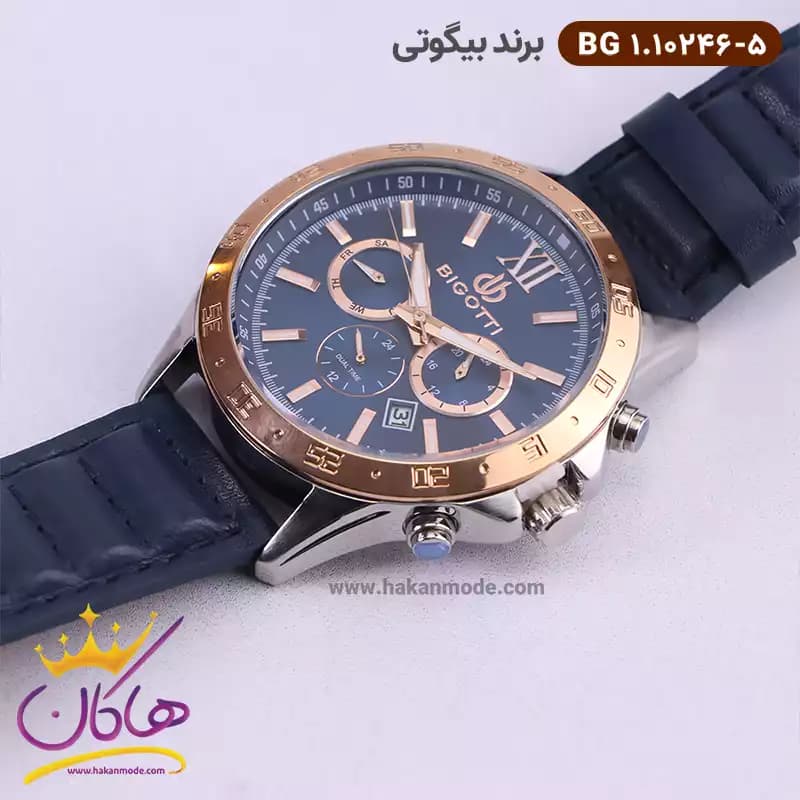 ساعت عقربه ای بیگوتی مردانه بند چرمی آبی دو زمانه کد BG.1.10246-5 — تصویر ۲