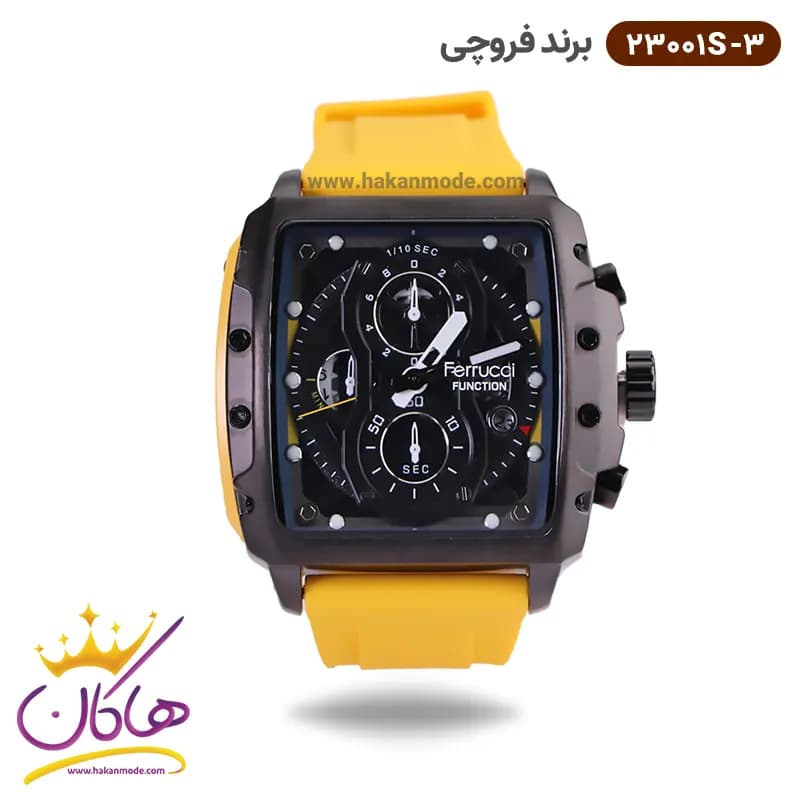 ساعت فروچی مردانه بند رابر زرد کرنوگراف قاب مربع 23001s/3
