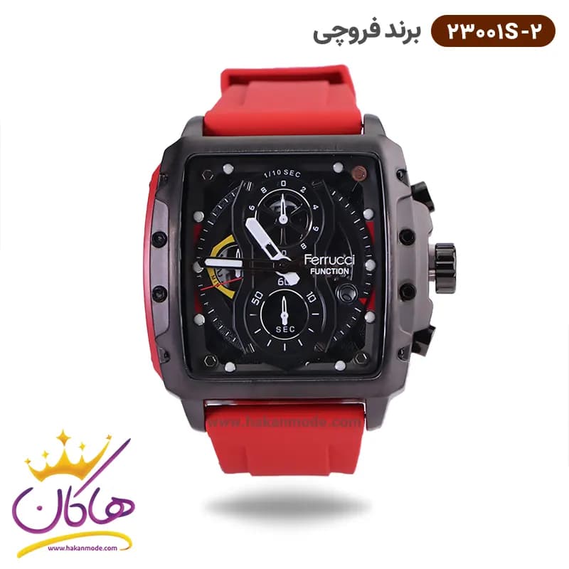 ساعت فروچی مردانه بند رابر قرمز قاب مربع کرنوگراف 23001s/2