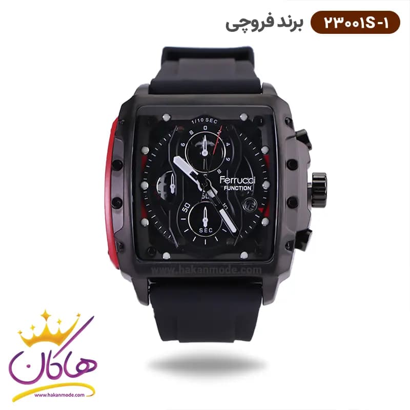ساعت فروچی مردانه بند رابر مشکی قاب مربع کرنوگراف 23001s/1