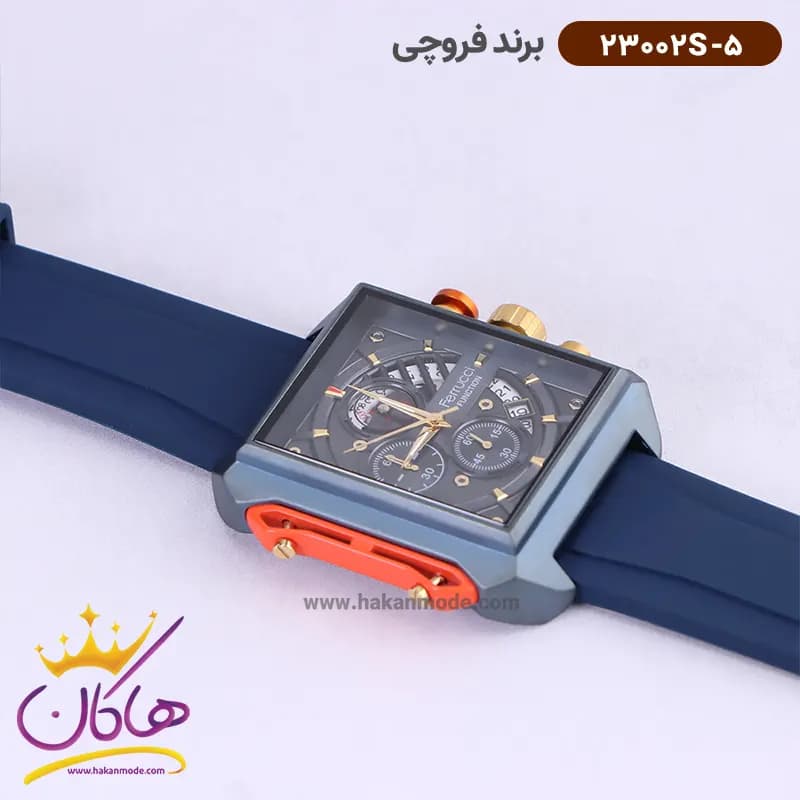 ساعت فروچی مردانه بند رابر سورمه ای قاب مربع کرنوگراف 23002s/5 — تصویر ۲