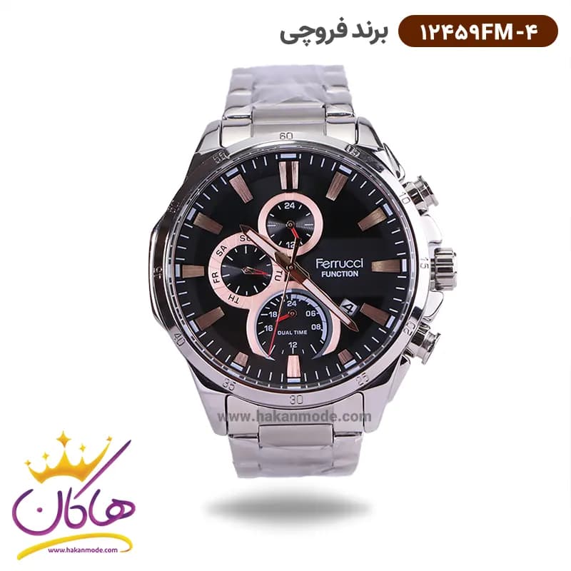 ساعت فروچی مردانه فلزی نقره ای صفحه مشکی 12459fm/4