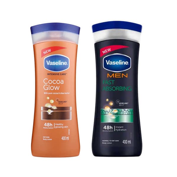 لوسیون بدن وازلین مدل Cocoa Glow حجم ۴۰۰ میلی لیتر به همراه لوسیون بدن وازلین مدل Fast Absorbing حجم ۴۰۰ میلی لیتر