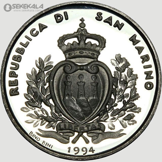 سکه 1000 لیره نقره پروف سان مارینو 1994 (به همراه جعبه فابریک و شناسنامه) المپیک 1994 — تصویر ۳