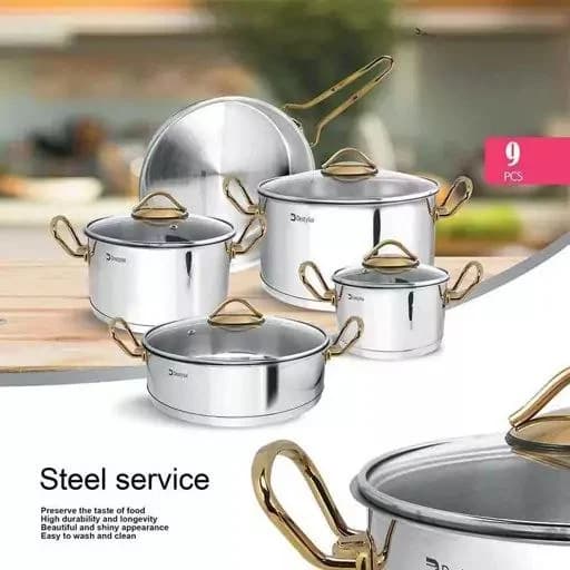 سرویس قابلمه 9پارچه استیل دسته طلایی دسیلوکس