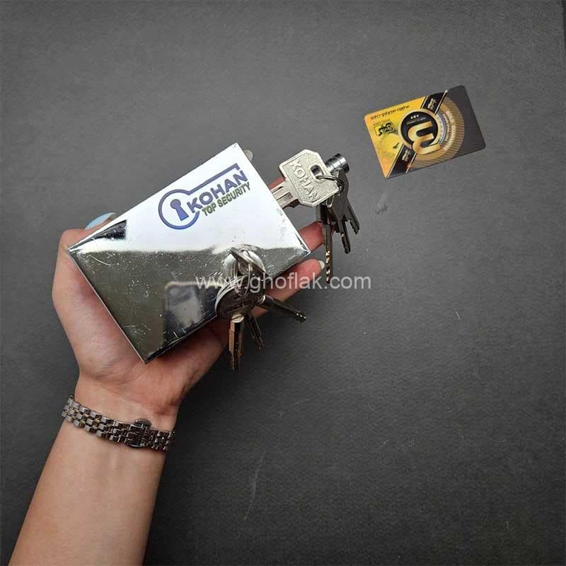 قفل کتابی کهن مدل گارد دار دو کلید دوشیار و 4 پر سایز 95 — تصویر ۴