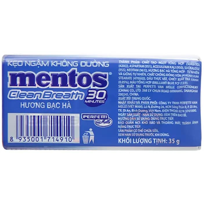 قرص خوشبو کننده دهان رژیمی منتوس با طعم نعنا (آبی) 35 گرمی Mentos Clean Breath Mint Sugar Free — تصویر ۲