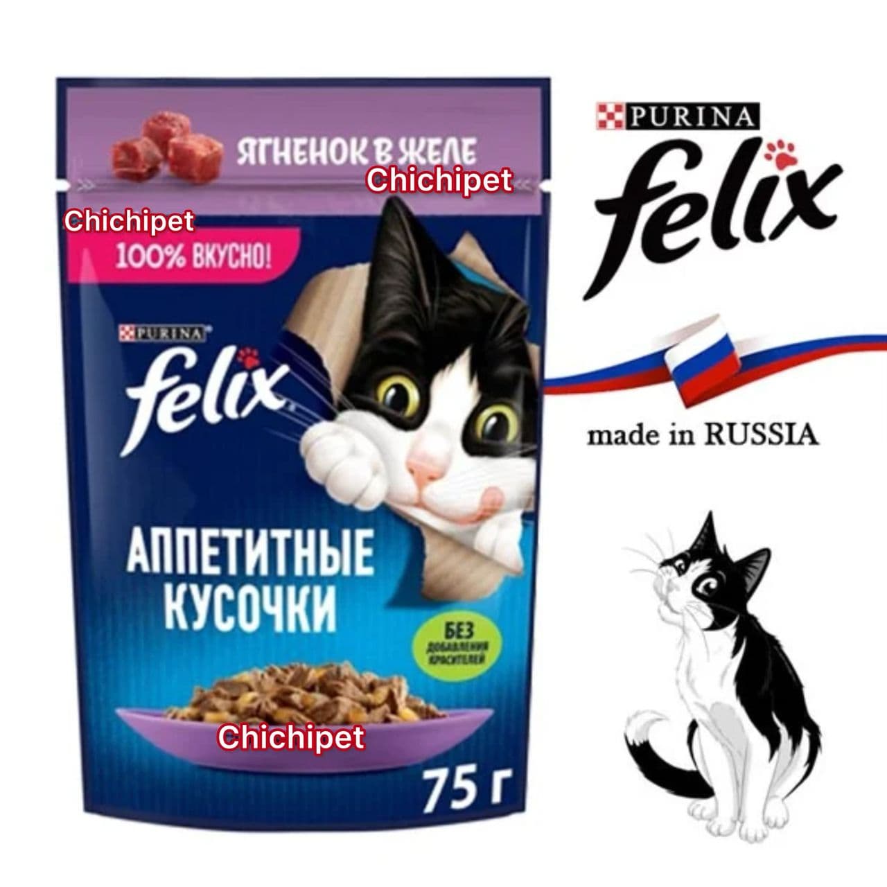 پوچ گربه فلیکس پورینا طعم گوشت بره در ژله 75 گرم