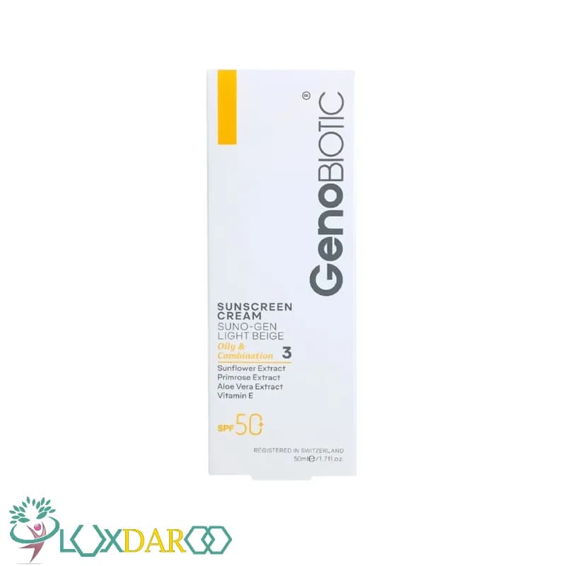 کرم ضد آفتاب بژ روشن ژنوبایوتیک مخصوص پوست چرب و مختلط SPF50