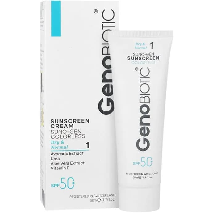 کرم ضد افتاب ژنوبایوتیک بی رنگ SPF50 مناسب پوست خشک و معمولی 50 میل |