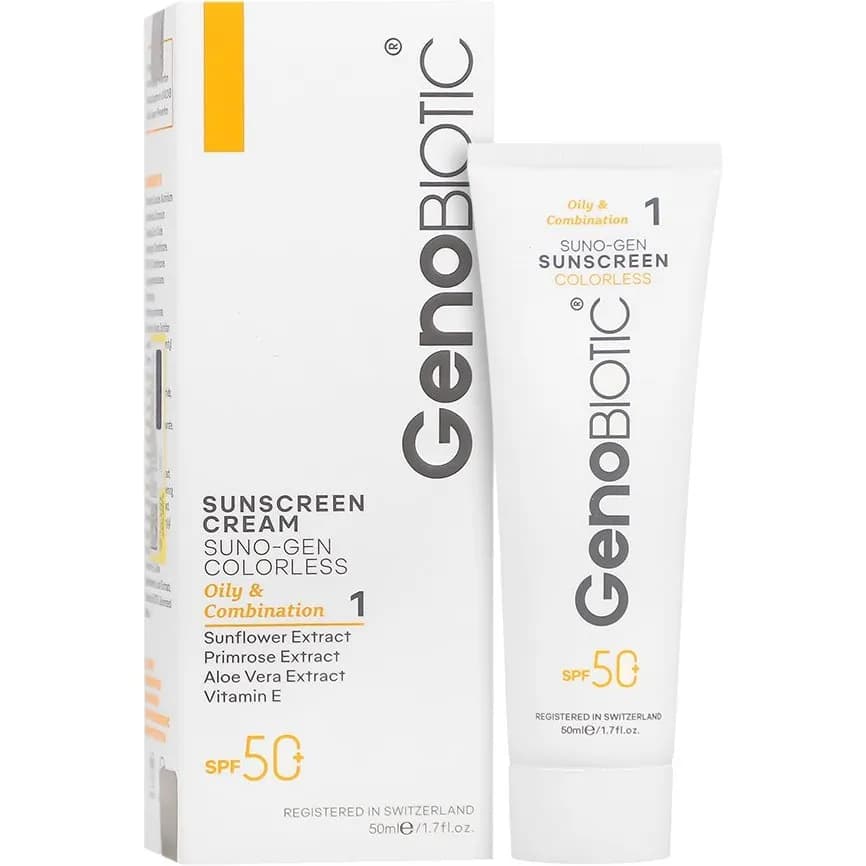 کرم ضد افتاب بی‌رنگ ژنوبایوتیک SPF 50 مخصوص پوست چرب و مختلط ۵۰ میلی‌لیتر