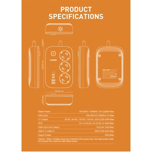 چندراهی برق و شارژ الدینیو LDNIO SE2 توان ۴۵ وات — تصویر ۸
