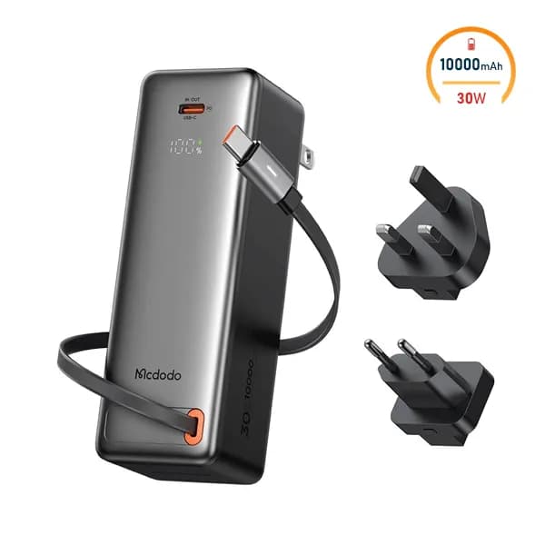 پاوربانک و آداپتور 10000 مک دودو Mcdodo MC-3181 توان 30 وات با کابل متصل و دوشاخه قابل تعویض