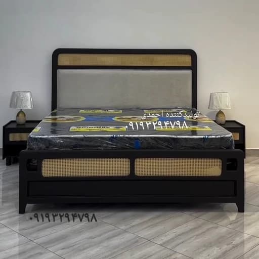 تخت خواب دونفره مشکی مات حصیری فرانسوی کلاسیک مبلمان فرنا مدل 1141265