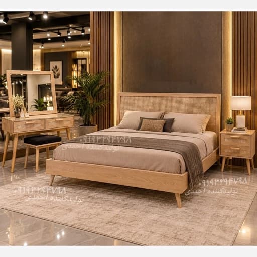 سرویس خواب دونفره حصیری چوبی خودرنگ مبلمان فرنا مدل 1141116