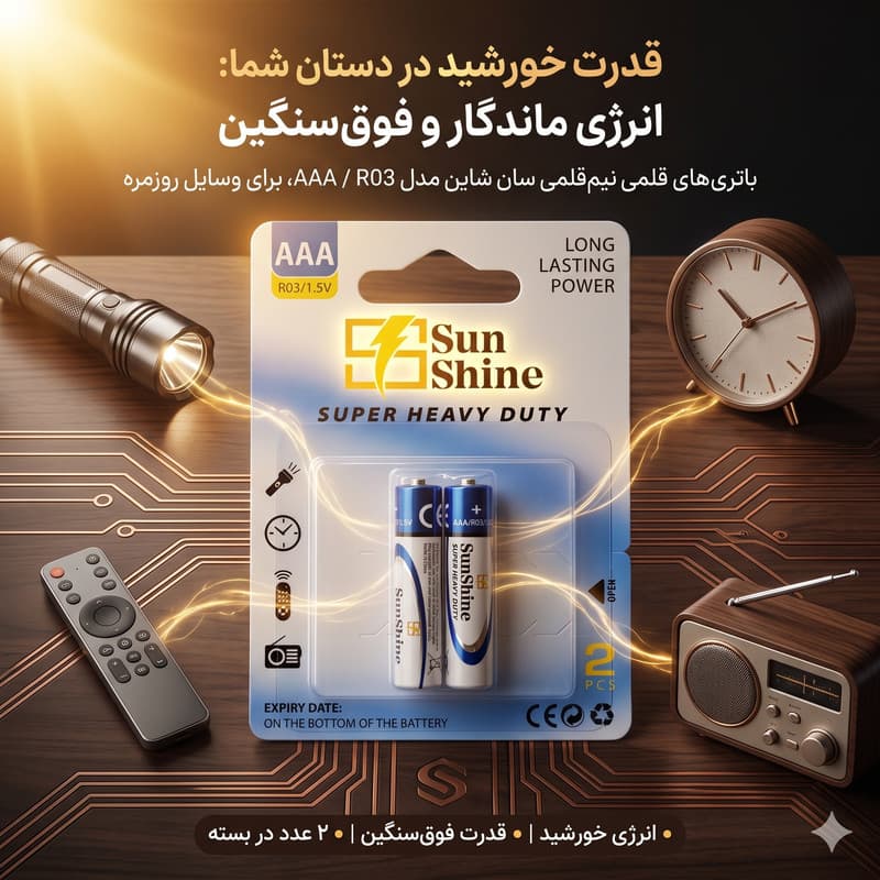 باتری نیم قلمی سانشاین مدل super heavy duty بسته ۲ عددی — تصویر ۲