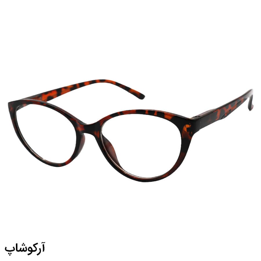 عینک مطالعه زنانه نمره +1.00 نزدیک بین با فریم قهوه ای تیره، پلنگی و گربه ای شکل مدل XS5310
